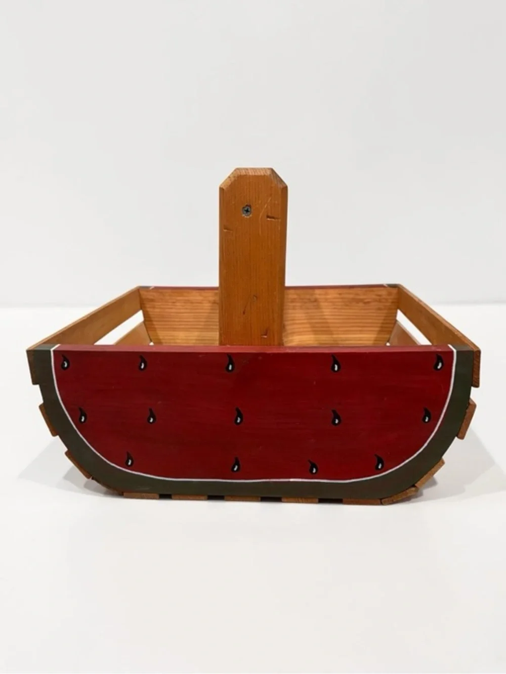 Vintage Handmade 15” Wood Slate Watermelon Basket W/ Swing Handle Retro Folk Art